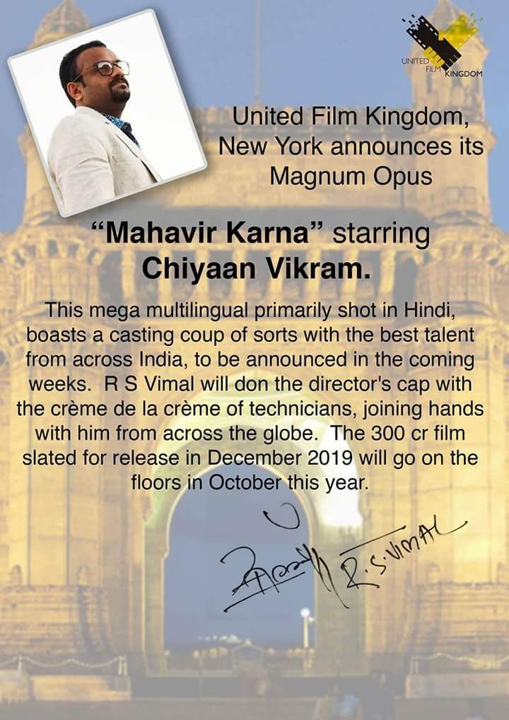 Chiyaan Vikram's next is a multilingual mega budget project Mahavir Karna directed by RS Vimal.