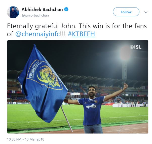 Abhishek Bachchan's Tweet on Chennaiyin FC win