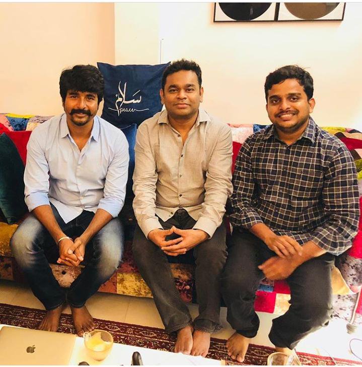 Sivakarthikeyan with AR Rahman and R Ravi Kumar.