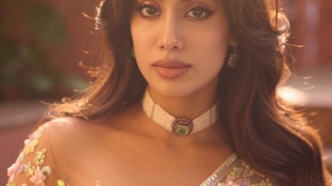 Close-up of Janhvi Kapoor's flawless makeup and radiant look in recent photoshoot.