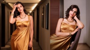 Meenakshi Chaudhary Glows in Golden Outfit